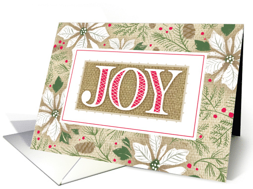 Rustic Burlap White Poinsettias Joy Christmas card (1496884)