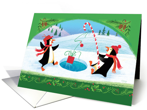 Cute Fishing Penquins Catching a Christmas Present card (1496932)