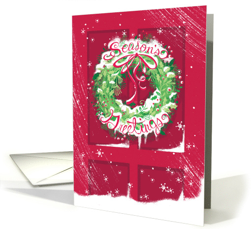 Snowy Seasons Greetings Christmas Wreath on Red Door card (1498070)