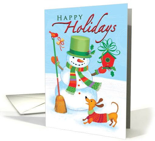 Dachshund and Snowman Happy Holidays Red Bird card (1499228)