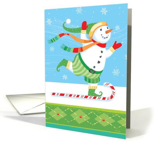 Snowman Sledding on a Candy Cane on One Foot Christmas card (1499238)