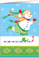 Snowman Sledding on a Candy Cane on One Foot Christmas card