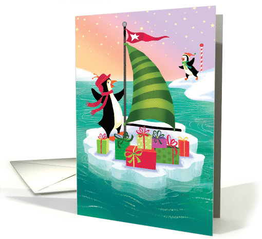 Cute Sailing Penguin Christmas Delivering Presents on an Ice Burg card