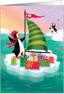 Cute Sailing Penguin Christmas Delivering Presents on an Ice Burg card