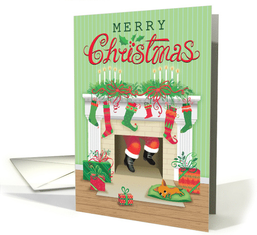 Chihuahua Spying Santa in Chimney With Christmas Stockings card