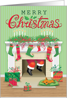 Chihuahua Spying Santa in Chimney With Christmas Stockings card