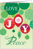 Love Joy and Peace Red Green Ornaments Christmas card