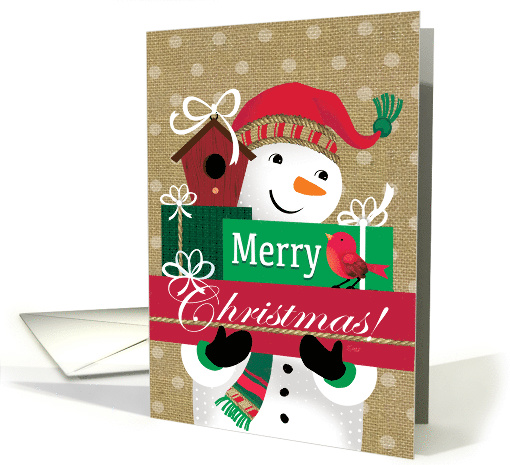 Burlap Snowman with Presents and Red Bird Merry Christmas card