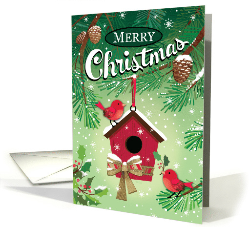 Cute Red Birds Birdhouse Merry Christmas card (1505818)