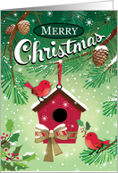 Cute Red Birds Birdhouse Merry Christmas card