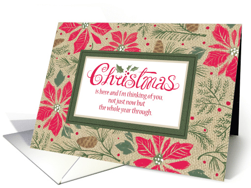 Hand Lettered Christmas Red Poinsettias Burlap card (1505976)