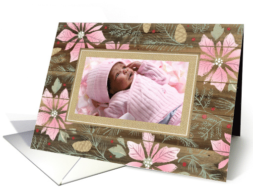 Rustic Wood Burlap Custom Photo Pink Poinsettias card (1506312)