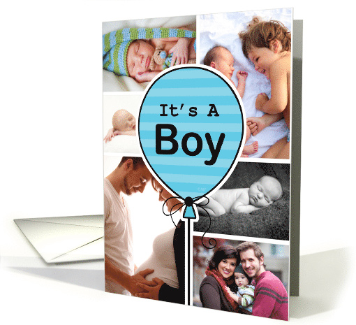 Boy Blue Striped Balloon Baby Announcement Custom Photo Collage card