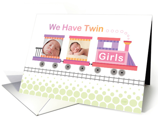 Twin Girls Birth Announcement Pink Train Custom Photo card (1511702)
