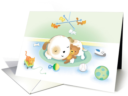 New Puppy Congratulations Cute Dog Sleeping with Teddy Bear card