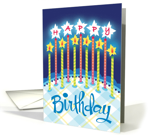 Blue Plaid Happy Birthday Cake Candles card (1513078)