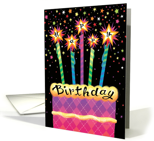 Happy Birthday Cake Argyle Pink Candles Sparkle card (1516492)