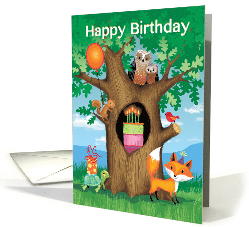 Happy Birthday Cake Owl Turtle Squirrel Red Bird From All of Us card