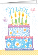 Happy Birthday Blue Daisy Cake and Butterflies For Mom card