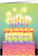 Custom Birthday Tall Cake with Candles Sparklers For My Cousin card