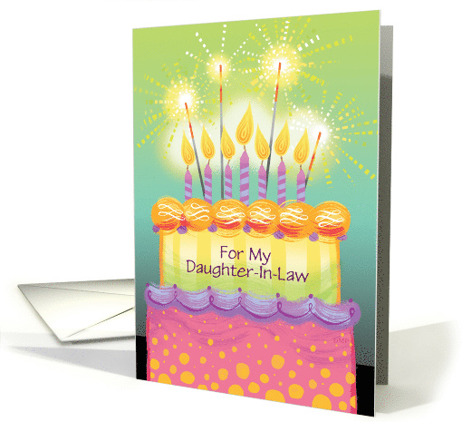 Custom Birthday Tall Cake with Candles Sparklers Daughter-In-Law card