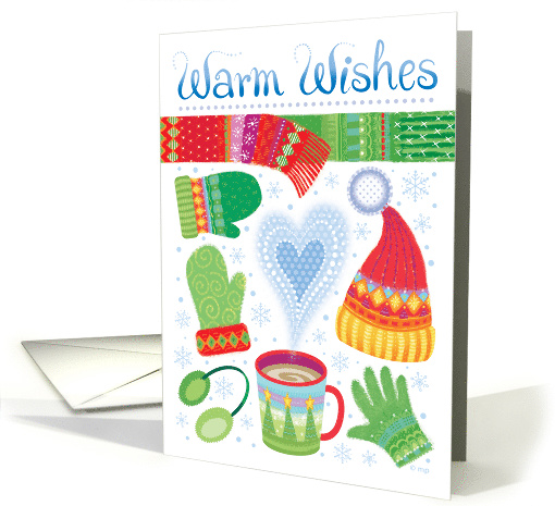 Warm Wishes Scarf Mug of Hot Chocolate Winter Mitts Hat Christmas card