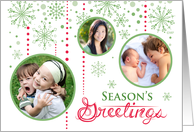 Season’s Greetiings Snowflakes Red Green Christmas Custom Photo card