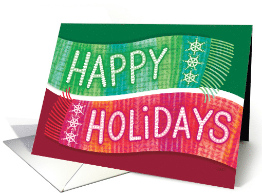 Happy Holidays Red Green Scarf Snowflakes Hand Lettering Business card