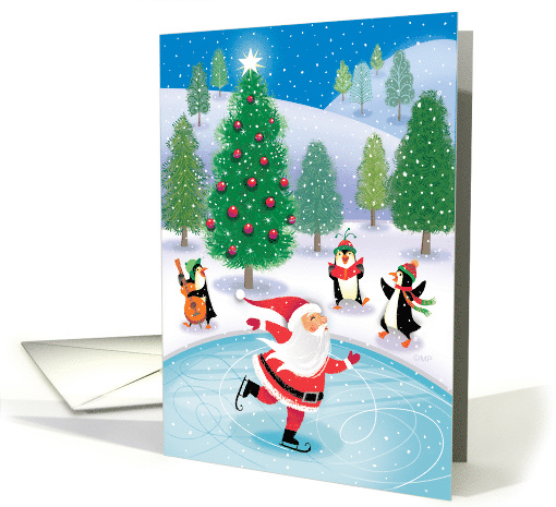 Cute Santa Penguins Merry Christmas Snow Scene card (1546872)