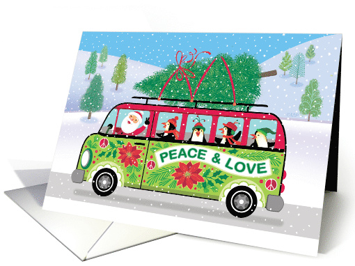 Peace Love Merry Christmas Bus Hippie Humorous Santa Penguins card
