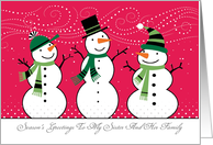 For Sister and Her Family Happy Holidays Christmas Snowmen Red card