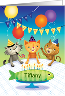 Happy Birthday Cats Feline fish Cake Custom Name card