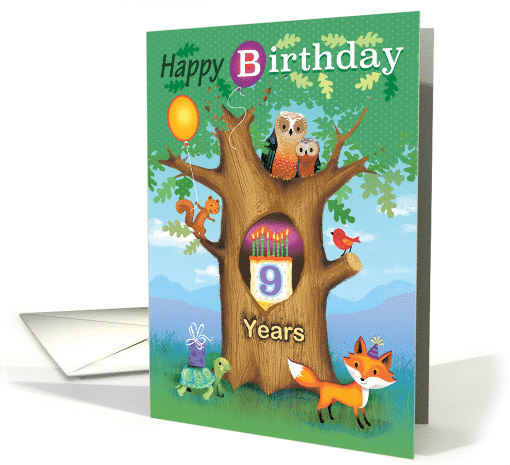 Happy Birthday Woodland Animals Oak Tree Owl Cake 9th Nineth card