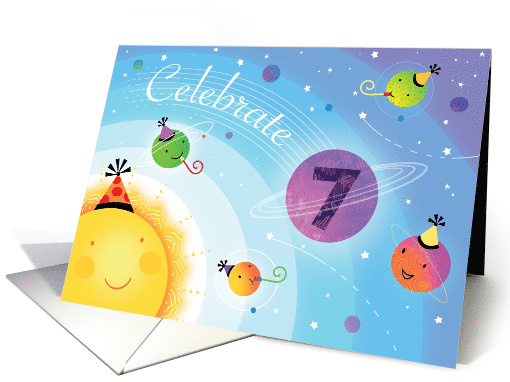 7th Happy Birthday Planets Sun Universe Party Hat Seventh Year card