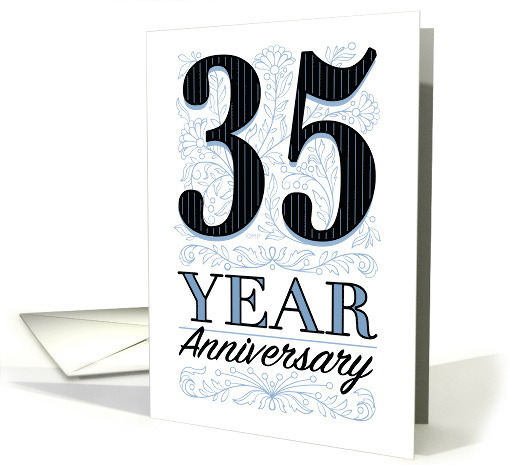 Employee Work Anniversary 35 Years Blue Filigree Floral Thank You card