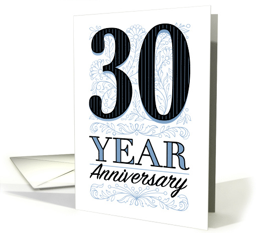 Employee Work Anniversary 30 Years Blue Filigree Floral Thank You card