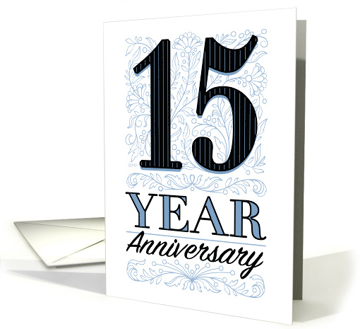 Employee Work Anniversary 15 Years Blue Filigree Floral Thank You card