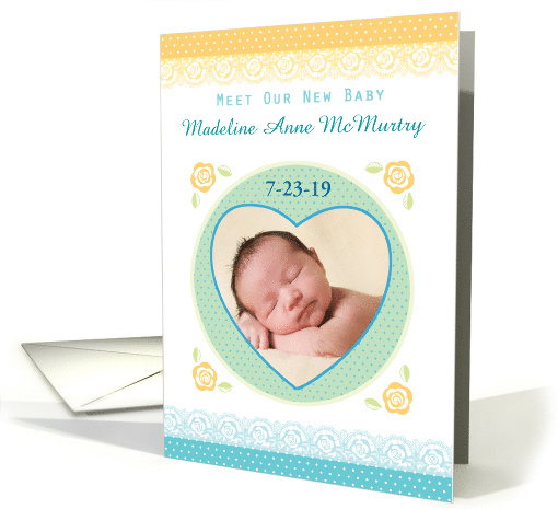 Annoucement New Baby Boy Prints Heart Rose Lace Custom Photo Name card