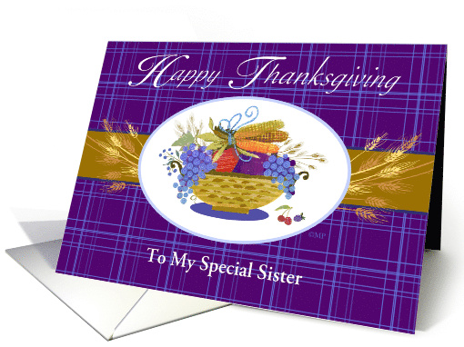 Sister Happy Thanksgiving Fruit Basket Wheat Apple Grapes card