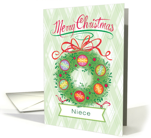 For Niece Custom Wreath with Snowflake Ornaments Merry Christmas card