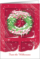 Custom Name Wreath Red Door Snow Season’s Greetings card