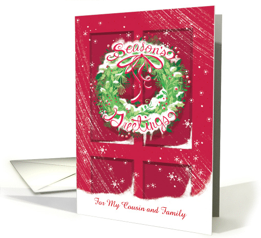 Cousin and Family Wreath Red Door Snow Season's Greetings card