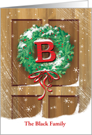 Monogram B Name Custom Wreath Rustic Door Snow Christmas card