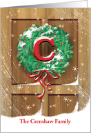 Monogram C Name Custom Wreath Rustic Door Snow Christmas card