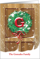 Monogram G Name Wreath Rustic Door Snow Christmas card