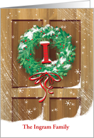 Monogram I Name Wreath Rustic Door Snow Christmas card
