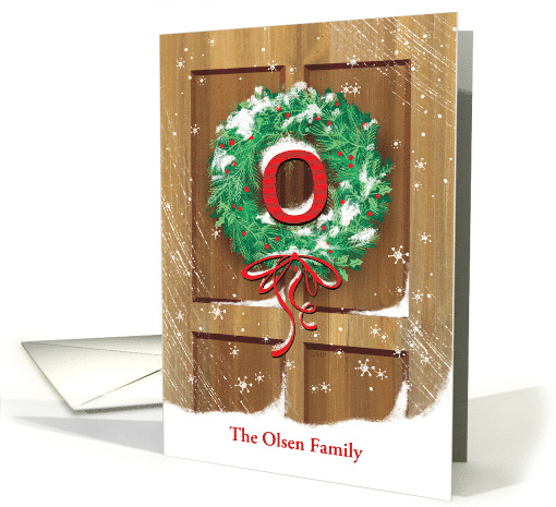 Monogram O Name Custom Wreath Rustic Door Snow Christmas card
