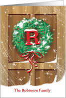 Monogram R Name Custom Wreath Rustic Door Snow Christmas card