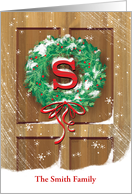 Monogram S Name Custom Wreath Rustic Door Snow Christmas card