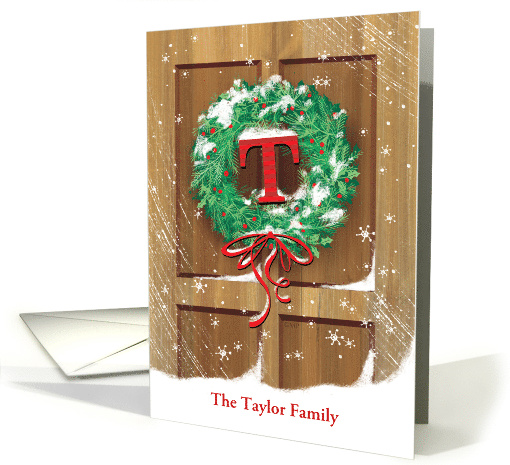 Monogram T Name Custom Wreath Rustic Door Snow Christmas card